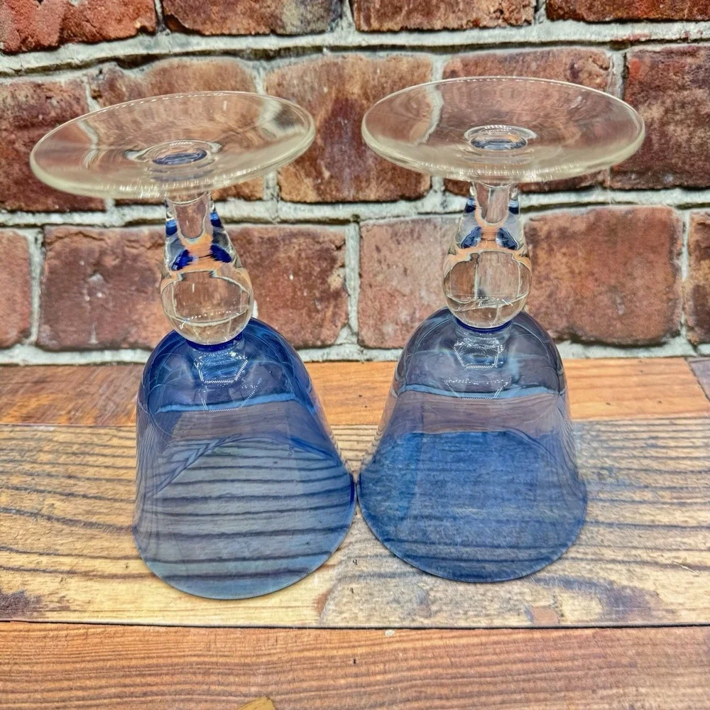 2 Cobalt Blue Goblets Bell Shaped Hand Blown Glasses Clear Ball Stem Vintage MCM